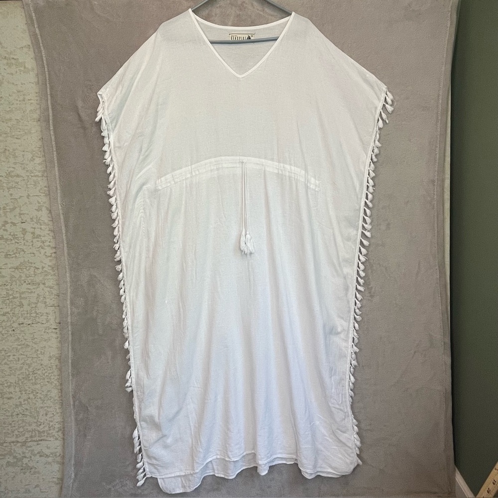 Peruvian Cotton Resortwear White Maxi Kaftan Cover Up Fringe Sz M Made in Peru
